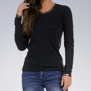 Elan Tee Metallic Gold Foil Print Cotton Long Sleeve Fitted Pullover Black L NWT